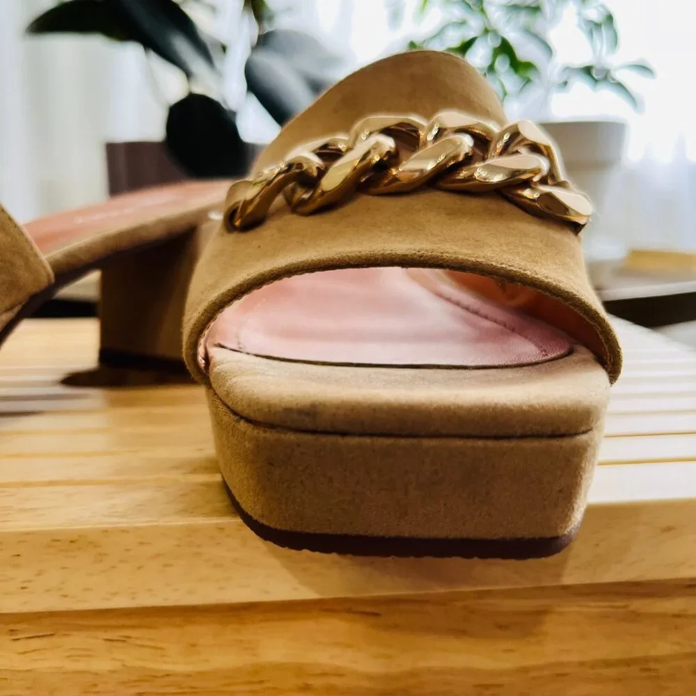 Suede Platform Slides with Gold Chain